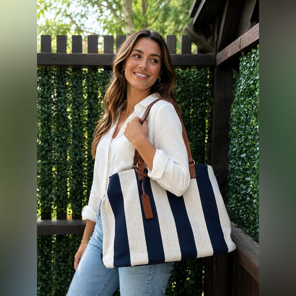 Sole Society Navy Cream Striped Canvas Tote Bag Coastal Chic Large Shoulder Bag